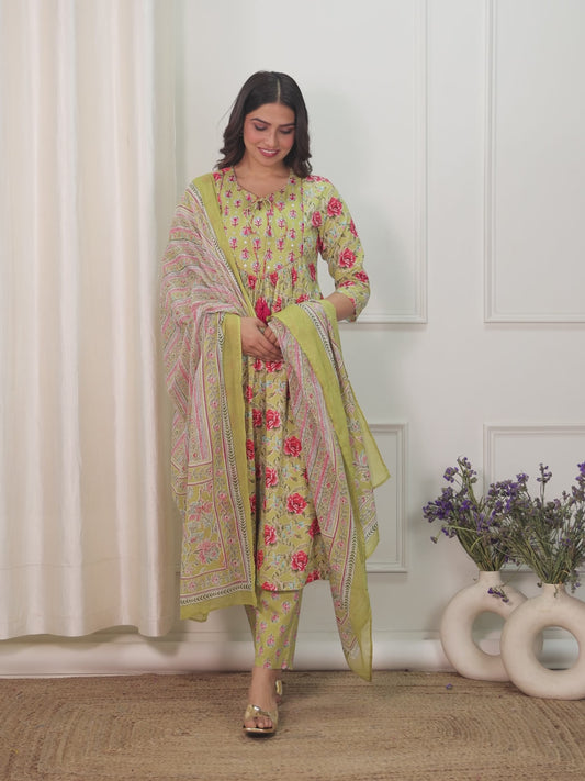 Embroidered Soft Cotton Floral A-line Green Kurta
