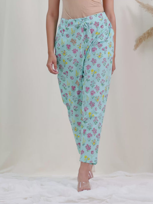 Soft Cotton Floral Mint Green Tapered Trousers
