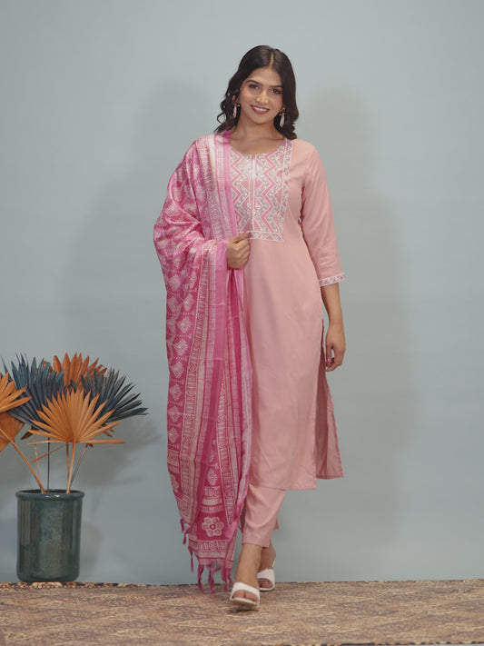 Embroidered Soft Cotton Solid Straight Pink Kurta