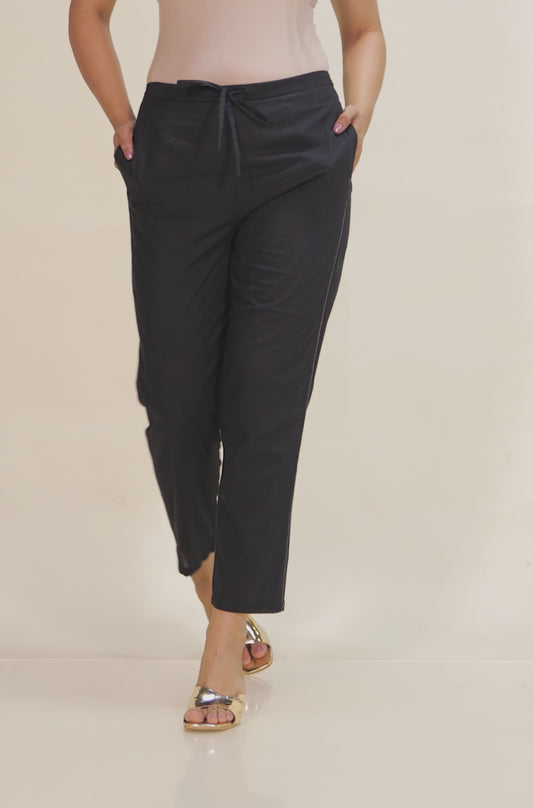 Embroidered Linen Cotton Solid Black Tapered Trousers