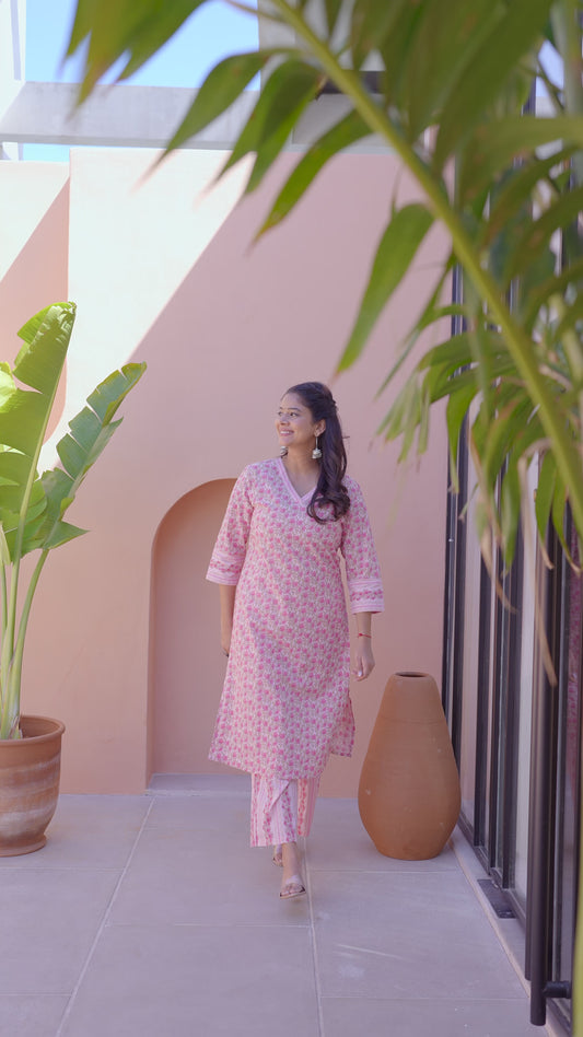 Soft Cotton Floral A-line Pink Kurta