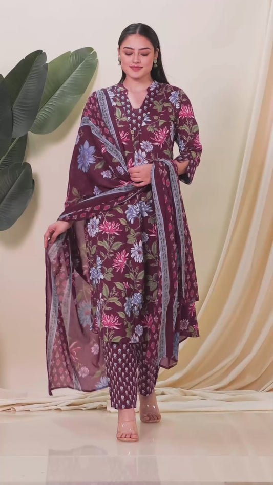Soft Cotton Floral A-line Wine Kurta