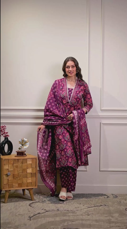Soft cotton Floral Straight Purple Kurta