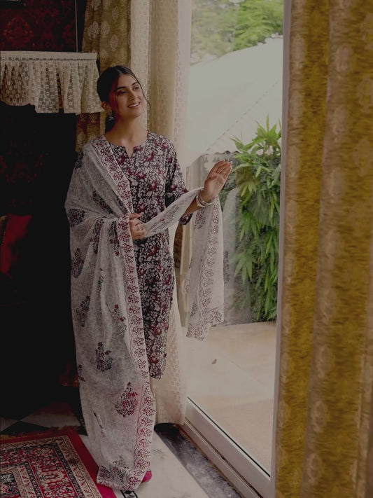 Soft Cotton Floral Straight Grey Kurta