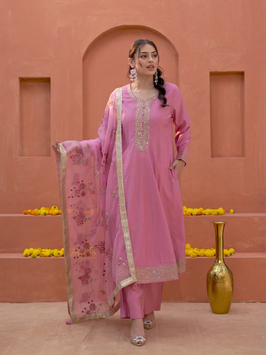 Embroidered Chanderi Solid Anarkali Pink Kurta
