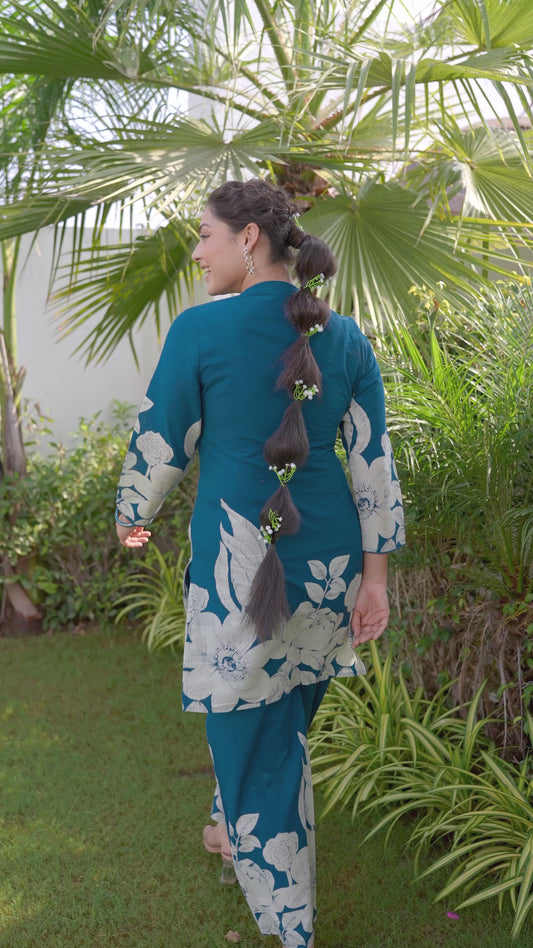 Soft Cotton Placement Print Straight Blue Kurta