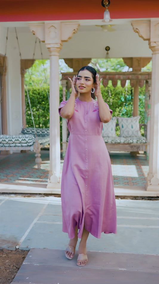 Embroidered Linen Blend Solid Flared Pink Dress