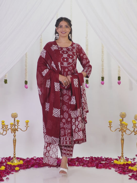 Embroidered Soft Cotton Bandhani Anarkali Maroon Kurta