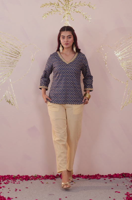 Viscose Gold foil Straight Blue Kurta