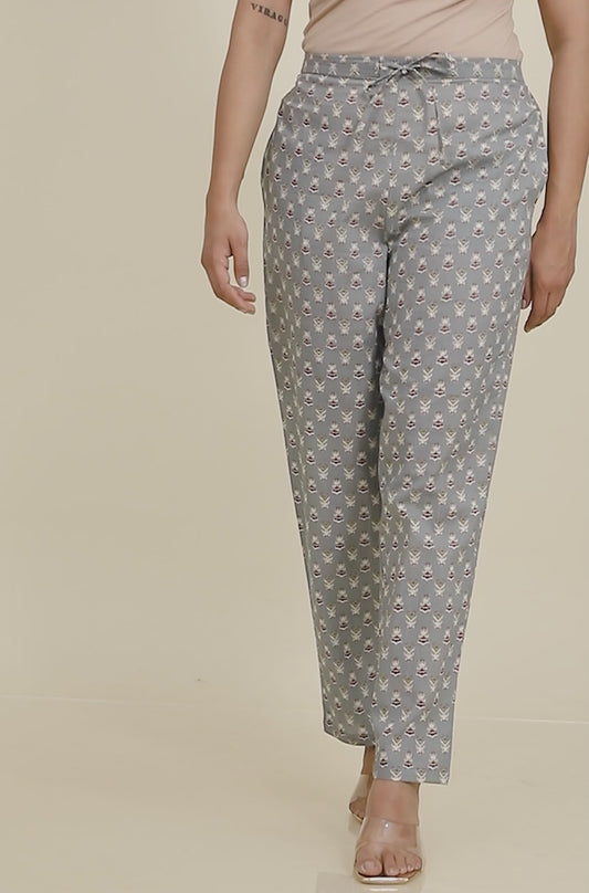 Soft Cotton Floral Grey Flared Flared Trousers