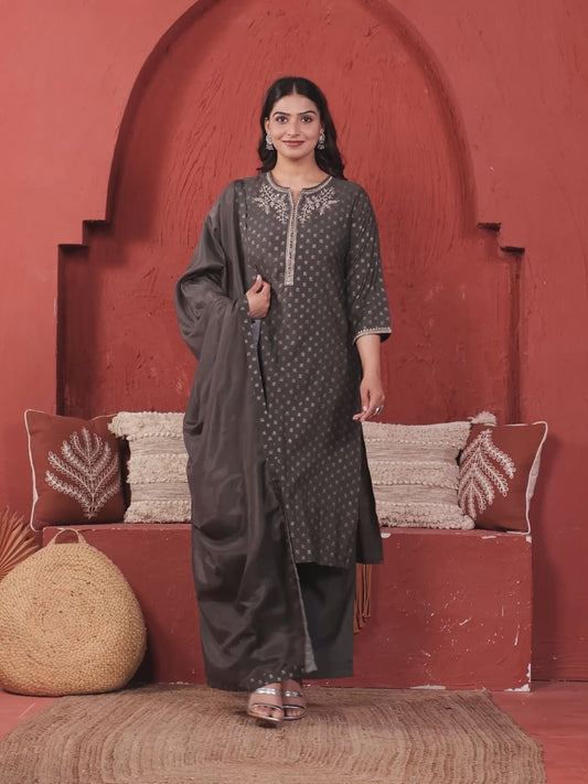 Embroidered Chanderi Gold foil Straight Grey Kurta