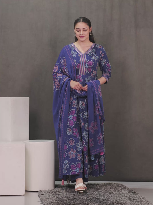 Embroidered Soft Cotton Floral Anarkali Blue Kurta