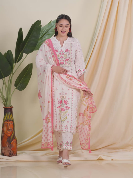 Soft Cotton Floral Straight Off White Kurta