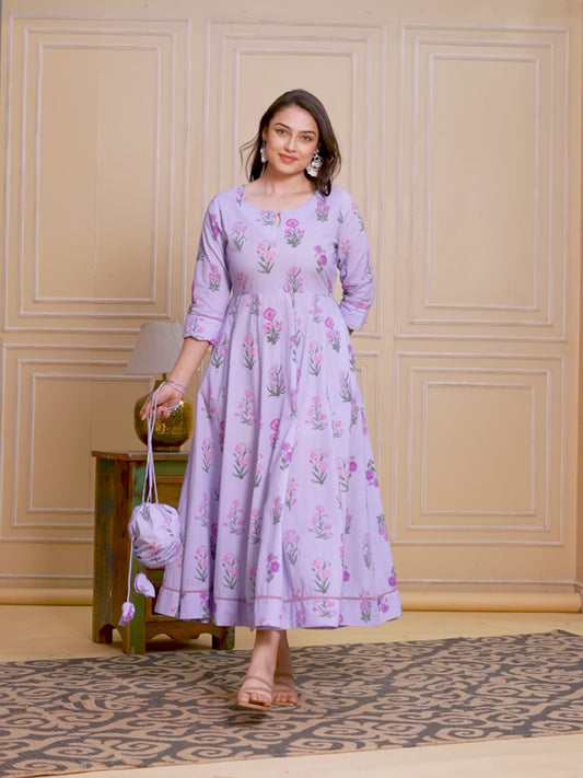 Soft Cotton Floral Anarkali Violet Dress