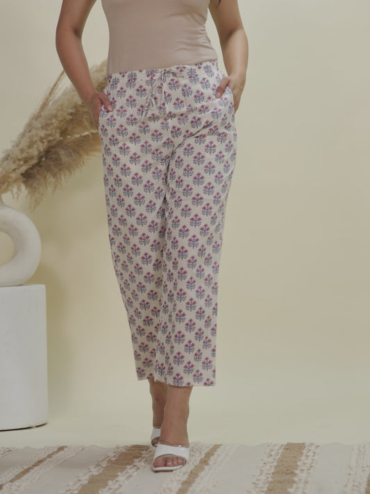 Soft Cotton Floral White Straight Trousers