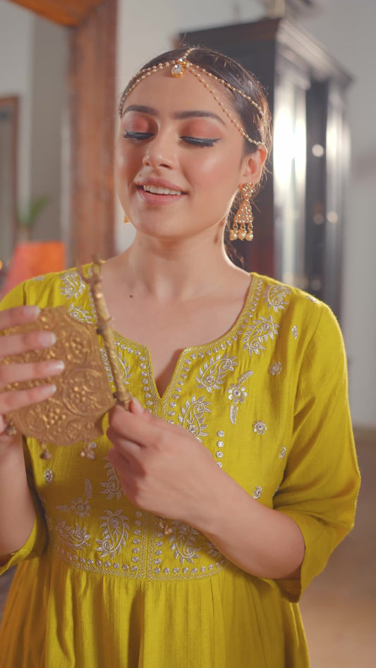 Embroidered Blended Silk Solid Anarkali Lemon Yellow Kurta