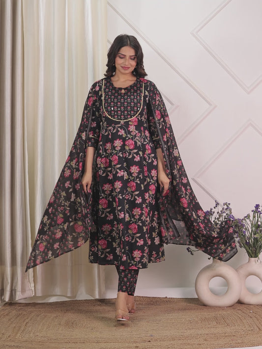 Embroidered Soft Cotton Floral Anarkali Black Kurta