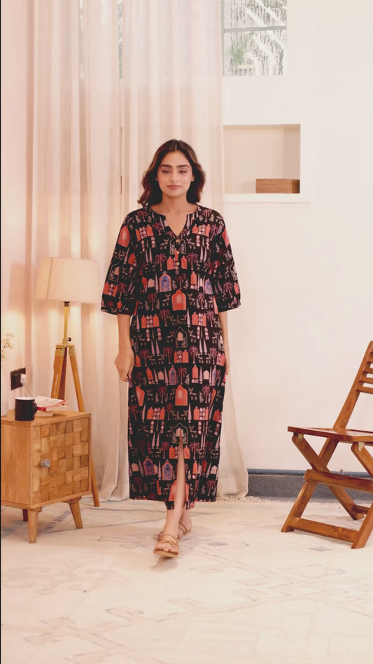 Soft Cotton Mughal Print Straight Black Nighty