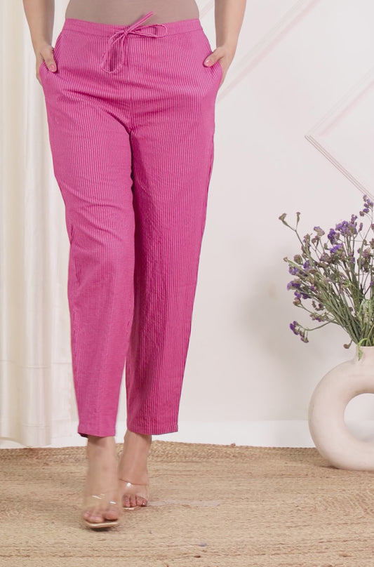 Kantha Cotton Solid Purple Tapered Trousers