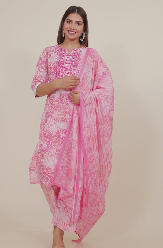 Embroidered Soft Cotton Floral Straight Pink Kurta