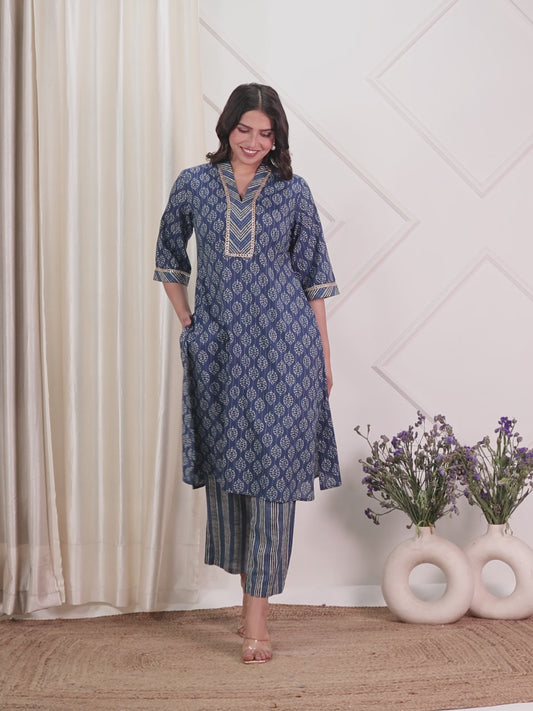 Embroidered Soft Cotton Block Print Straight Indigo Blue