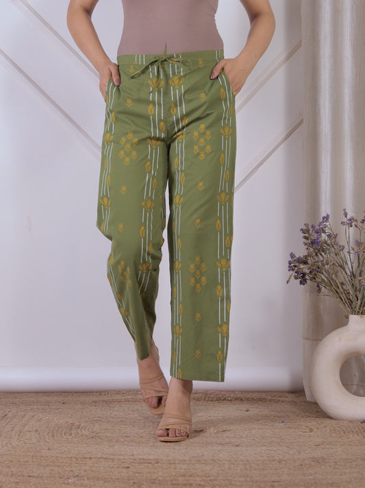 Soft Cotton Geometric Green Straight Trousers