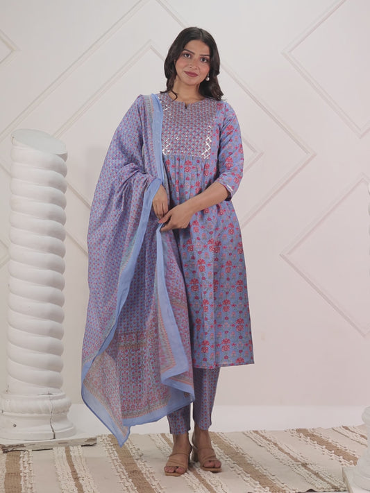 Embroidered Soft Cotton Floral Panelled Blue Kurta