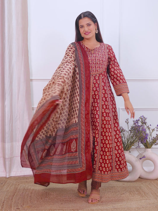 Embroidered Soft Cotton Ajrakh Anarkali Red Kurta
