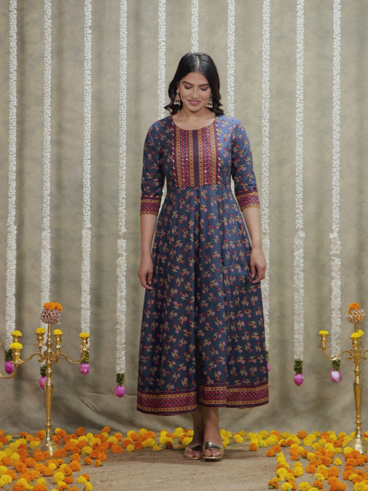 Soft Cotton Floral Anarkali Navy Blue Kurta