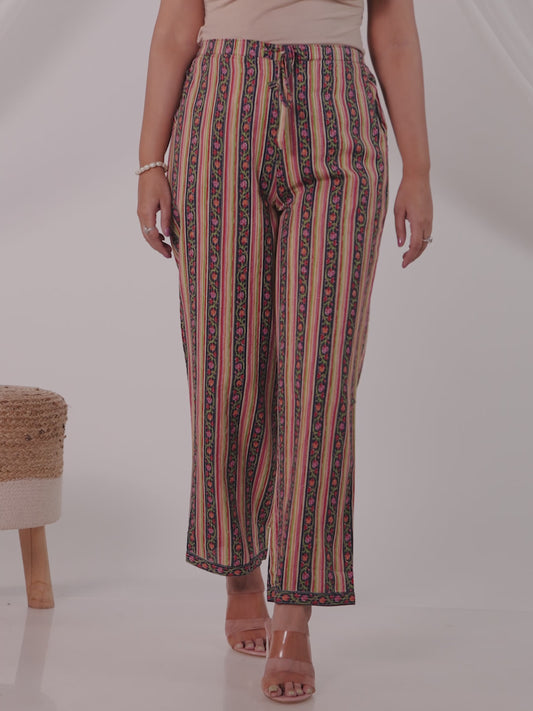 Soft Cotton Striped Green Straight Trousers