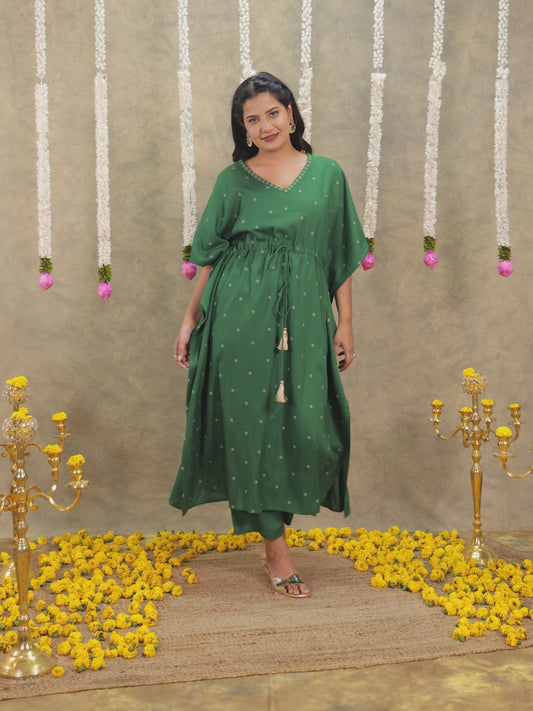 Embroidered Viscose Solid Kaftan Green Kurta