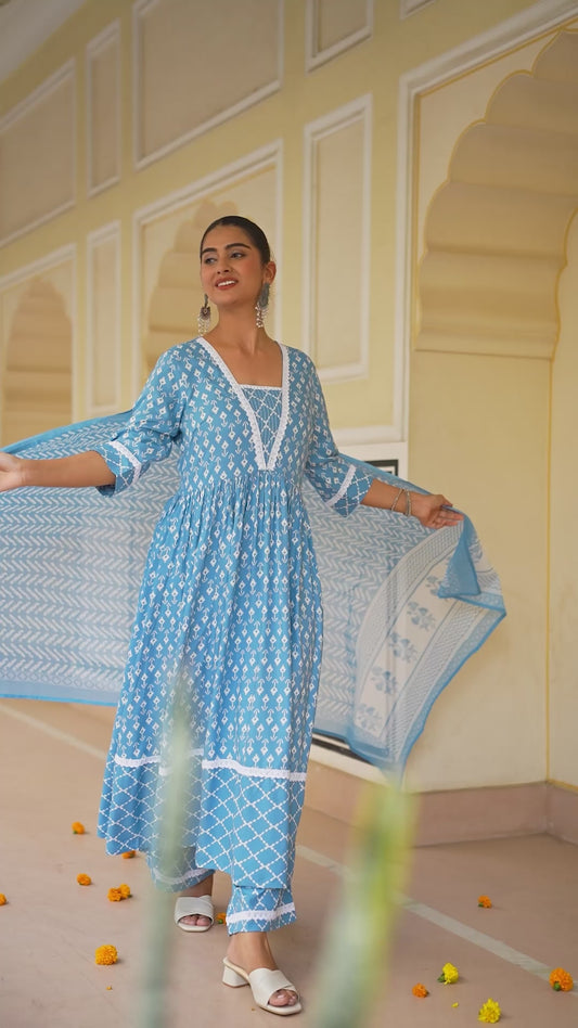 Rayon Ikat Flared Blue Kurta