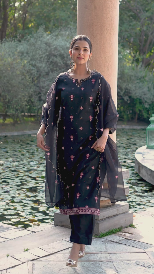 Embroidered Chanderi Geometric Straight Black Kurta