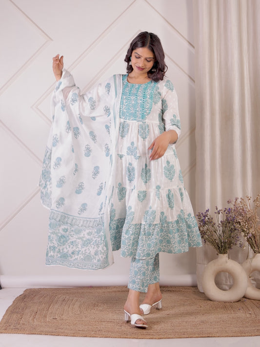 Embroidered Soft Cotton Block Print Anarkali White Kurta