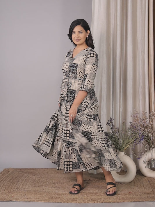 Soft Cotton Patchwork A-line Black Dress
