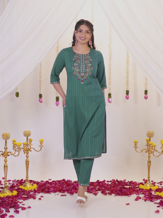 Embroidered Cotton Dobby Solid Straight Green Kurta