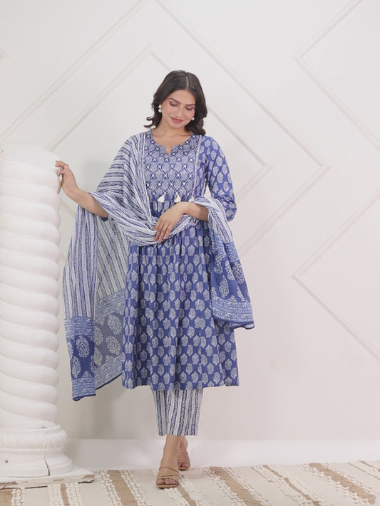 Embroidered Soft Cotton Butti A-line Blue Kurta