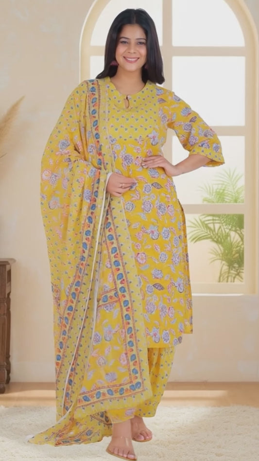 Soft Cotton Floral Straight Yellow Kurta