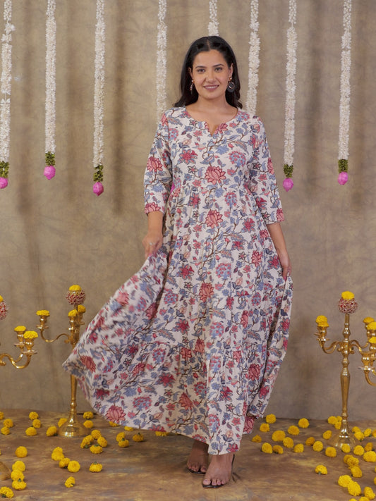 Linen Cotton Floral Anarkali Off White Dress