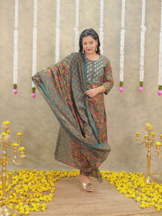 Embroidered Soft Cotton Floral Straight Green Kurta