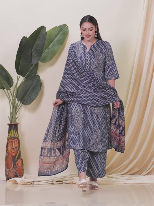 Kantha Cotton Paisley Straight Blue Kurta