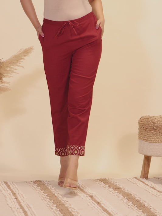 Natural Cotton Solid Maroon Tapered Trousers