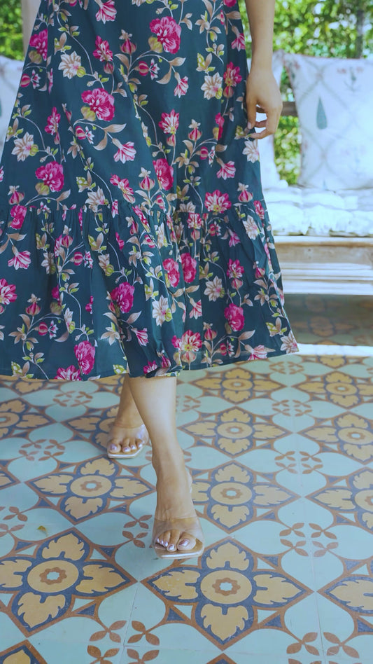 Soft Cotton Floral Flared Green Dress