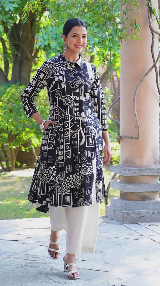 Soft Cotton Geometric High Low Black Kurta