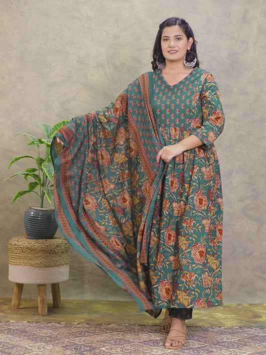 Soft Cotton Floral A-line Green Kurta