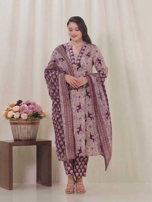 Soft Cotton Floral Flared Beige Kurta