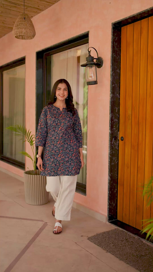 Soft Cotton Floral Straight Indigo blue Kurta
