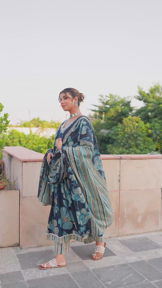 Soft Cotton Floral Anarkali Blue Kurta