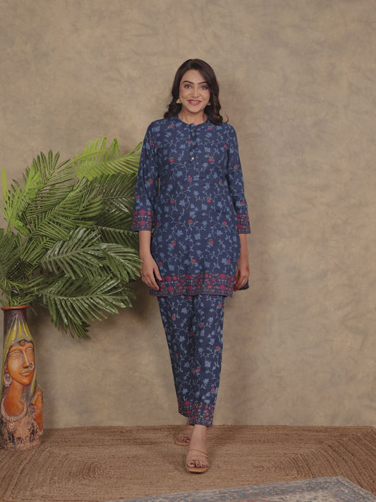 Soft Cotton Floral Straight Blue Kurta