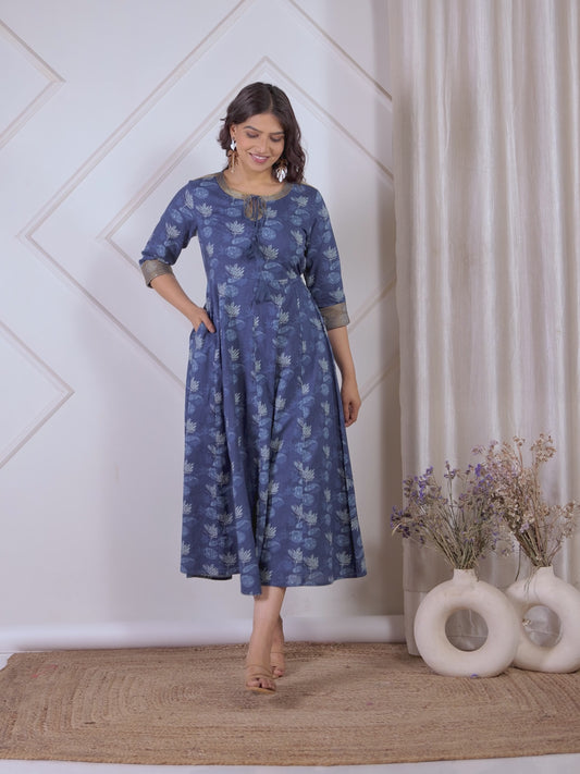 Embroidered Soft Cotton Floral Flared Blue Dress